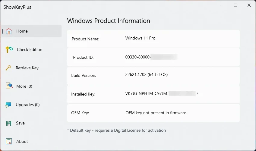 Просмотр OEM ключей Windows ShowKeyPlus 1.1.18.0 Portable — изображение 1