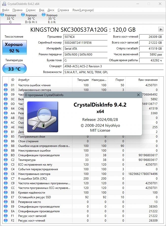 Мониторинг состояния жестких дисков CrystalDiskInfo 9.4.2 Beta + Portable — изображение 1