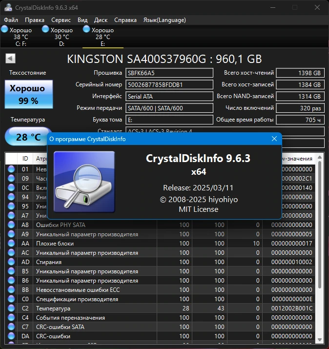 Состояние жестких дисков CrystalDiskInfo 9.6.3 Final + Portable — изображение 1
