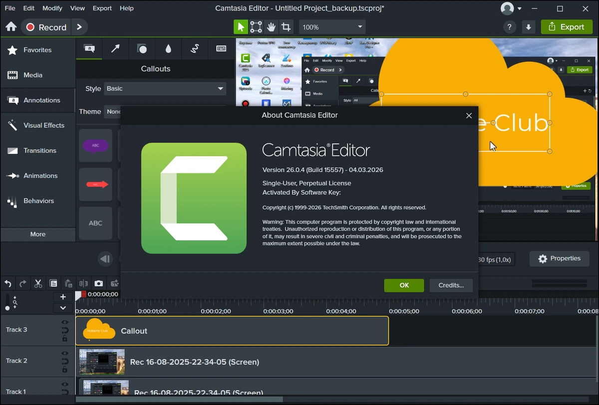 Захват экрана в видео TechSmith Camtasia 26.0.4 Build 15557 — изображение 1