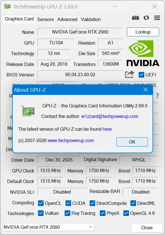 Технические характеристики видеокарты GPU-Z 2.69.0 — изображение 1