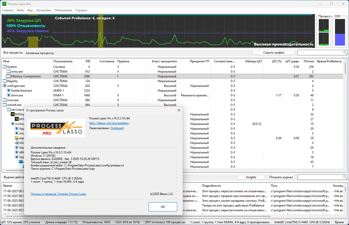 Управление системными процессами Process Lasso Pro 16.0.2.10 by Dodakaedr — изображение 1