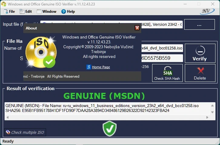 Верификация подлинности Windows and Office Genuine ISO Verifier 11.12.43.23 Portable — изображение 1