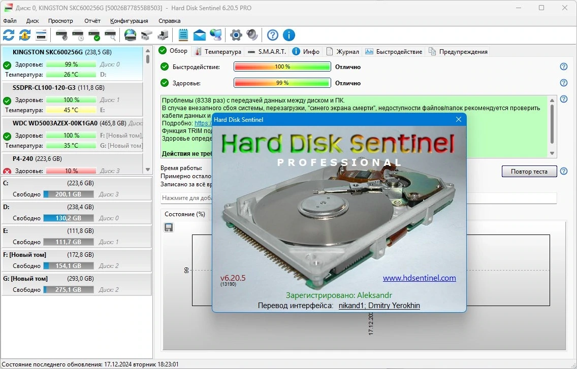 Информация о состоянии жестких дисков Hard Disk Sentinel Pro 6.20.5 BETA by elchupacabra — изображение 1