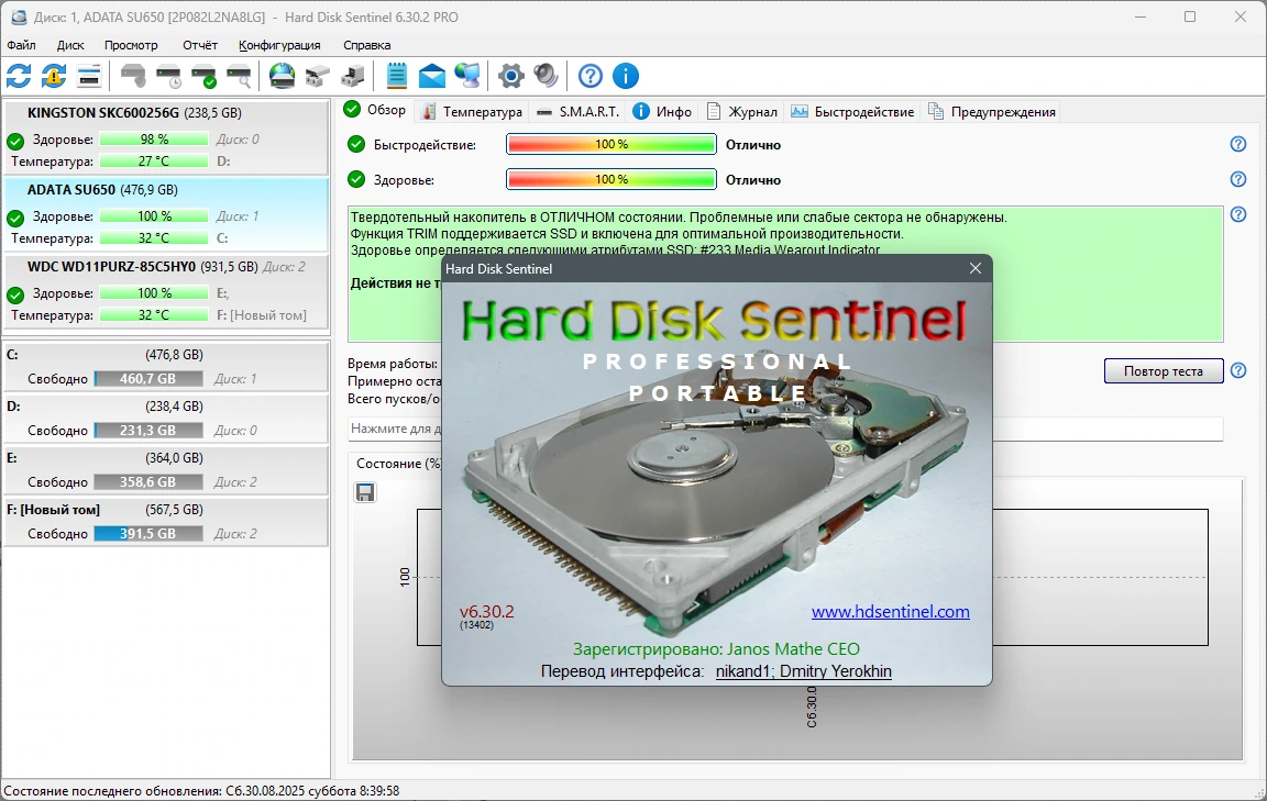 Контроль состояния жестких дисков Hard Disk Sentinel PRO 6.30.2 Build 13402 Beta by elchupacabra — изображение 1