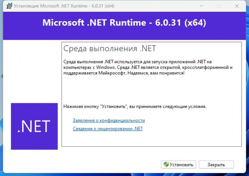 Microsoft .NET 6.0.31 Runtime — изображение 1