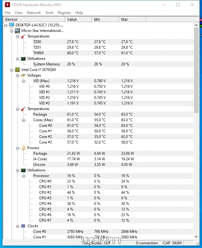 Мониторинг температуры компонентов компьютера - CPUID HWMonitor Pro 1.53 (x64) Portable by zeka.k — изображение 1
