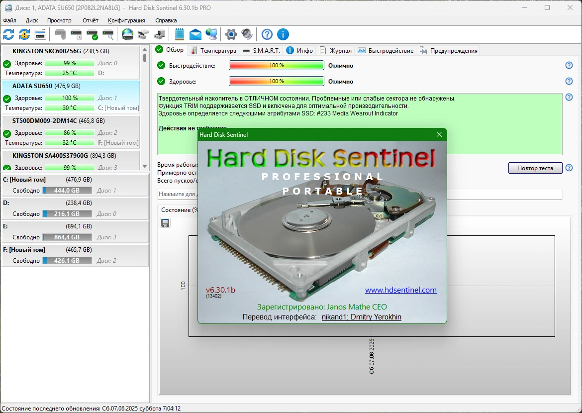 Оценка состояния жестких дисков Hard Disk Sentinel PRO 6.30.1 Build 13402 Beta by elchupacabra — изображение 1