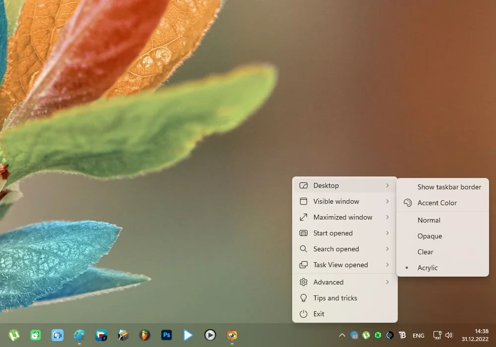 Прозрачная панель задач в Windows 11 - TranslucentTB 2022.1 Portable — изображение 2