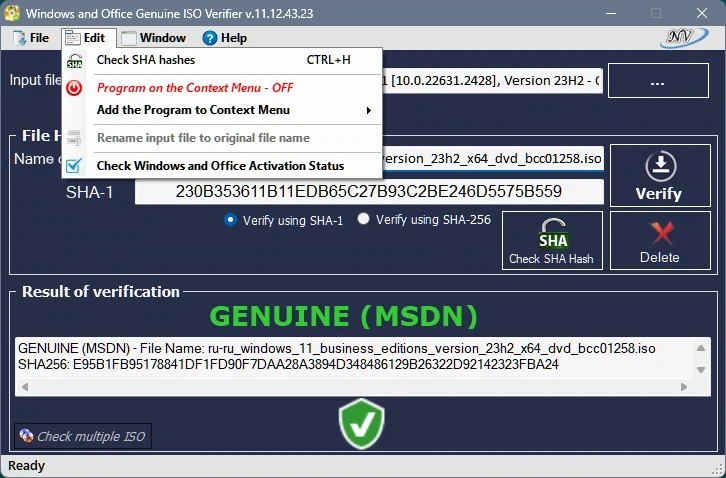 Верификация подлинности Windows and Office Genuine ISO Verifier 11.12.43.23 Portable — изображение 2
