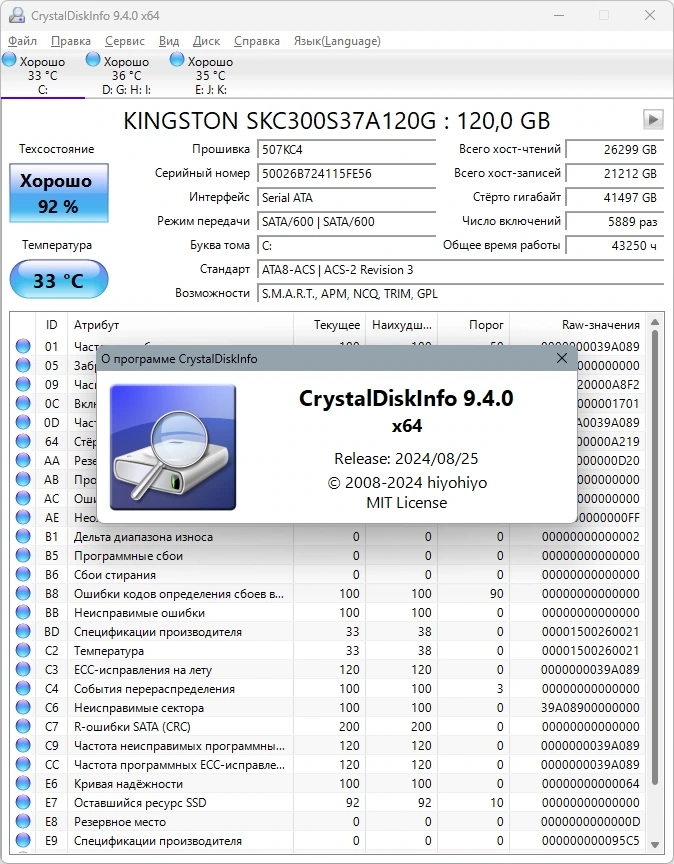 Оценка "здоровья" HDD CrystalDiskInfo 9.4.0 + Portable — изображение 2