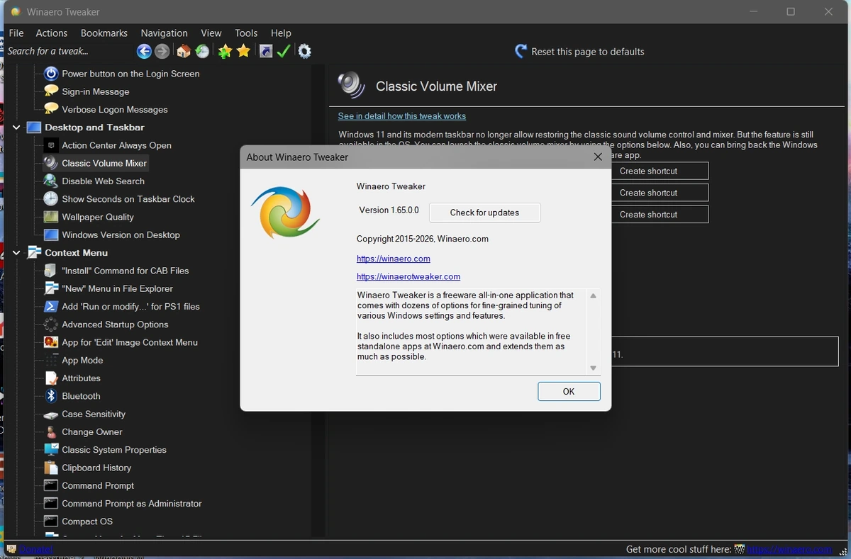 Настройка параметров Windows Winaero Tweaker 1.65.0.0 + Portable — изображение 2