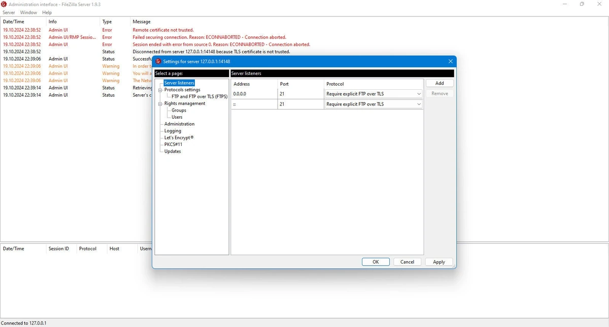 Администрирование сервера FileZilla Server 1.9.3.0 — изображение 3